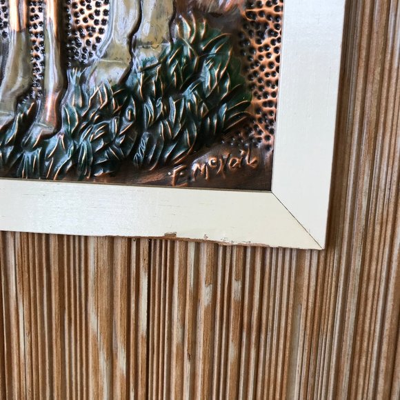 Horse w/ Foal Western Farm Embossed Copper Framed Picture Repousse 16x19 Signed - Picture 5 of 9